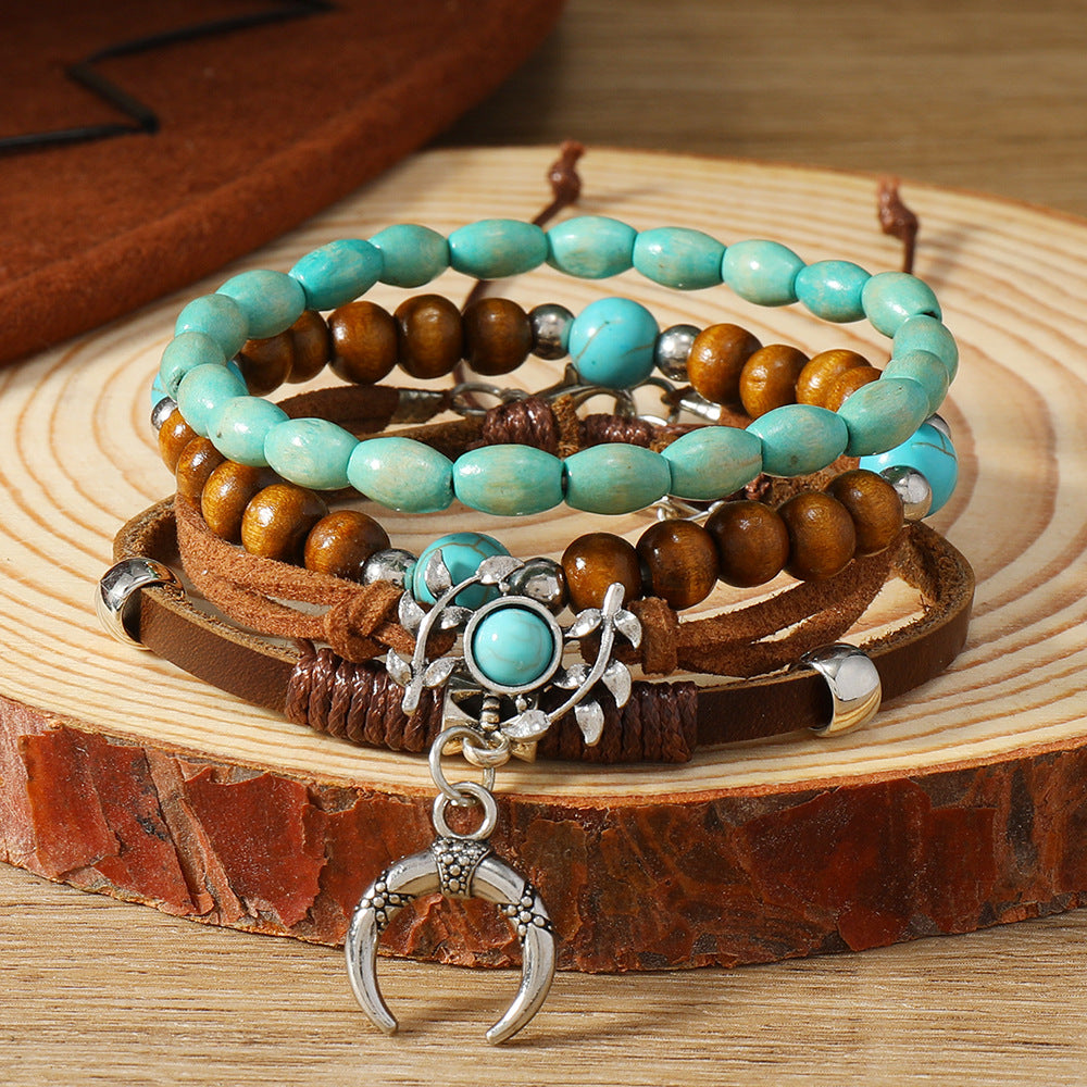 Wholesale Western Turquoise Cattle Head Hat Multi-layer Storestring Bracelet Multi-piece Beaded Bracelet